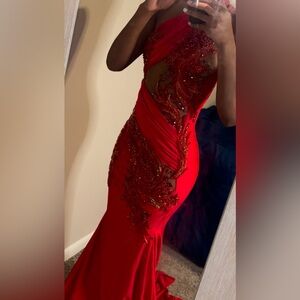 Elegant Red Embellished Evening Dress